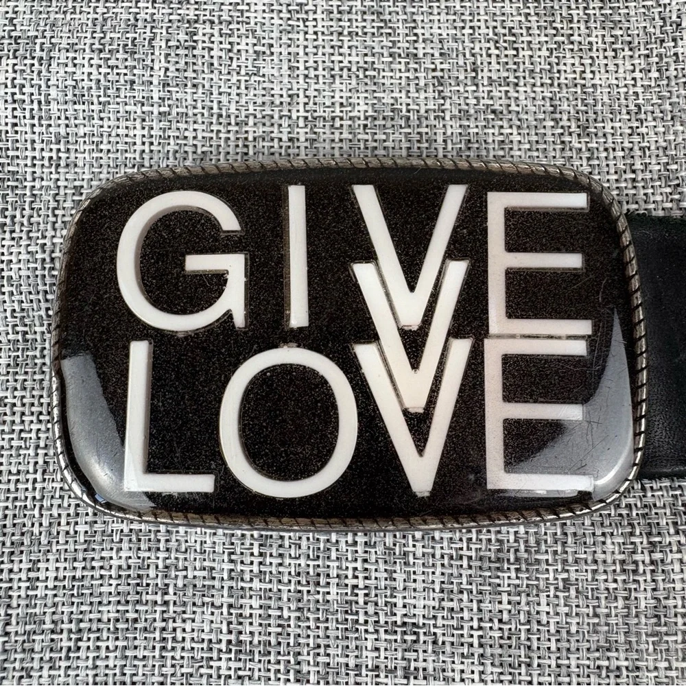 Booty Boutique‎ Vintage Black Leather Belt Give Love Belt Buckle Size XL Vintage